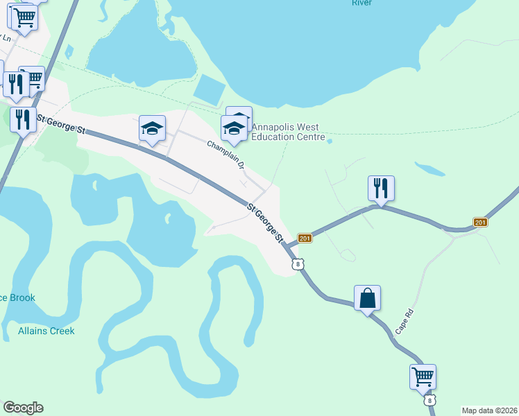 map of restaurants, bars, coffee shops, grocery stores, and more near 780 Saint George Street in Annapolis Royal