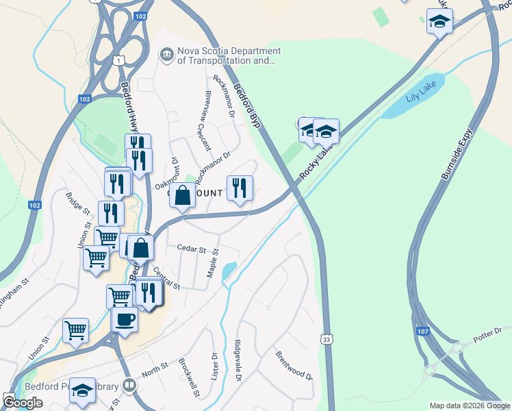 map of restaurants, bars, coffee shops, grocery stores, and more near 276 Rocky Lake Drive in Bedford