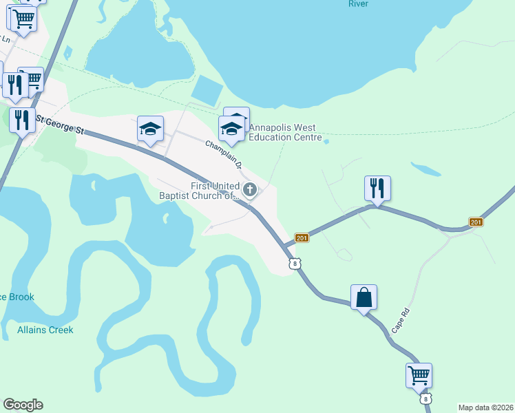 map of restaurants, bars, coffee shops, grocery stores, and more near 780 Saint George Street in Annapolis Royal