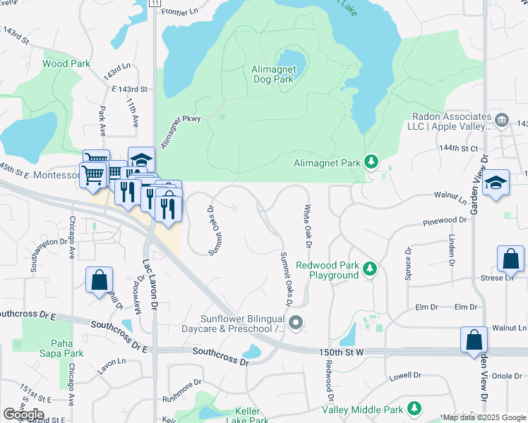map of restaurants, bars, coffee shops, grocery stores, and more near 14600 White Oak Drive in Burnsville