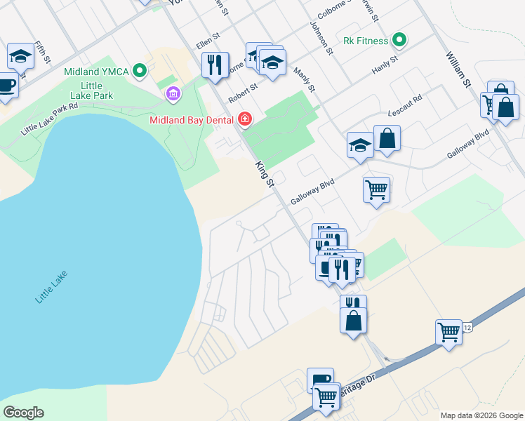 map of restaurants, bars, coffee shops, grocery stores, and more near in Midland