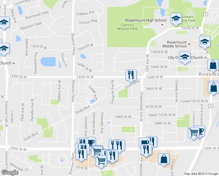 map of restaurants, bars, coffee shops, grocery stores, and more near 14635 Dodd Boulevard in Rosemount