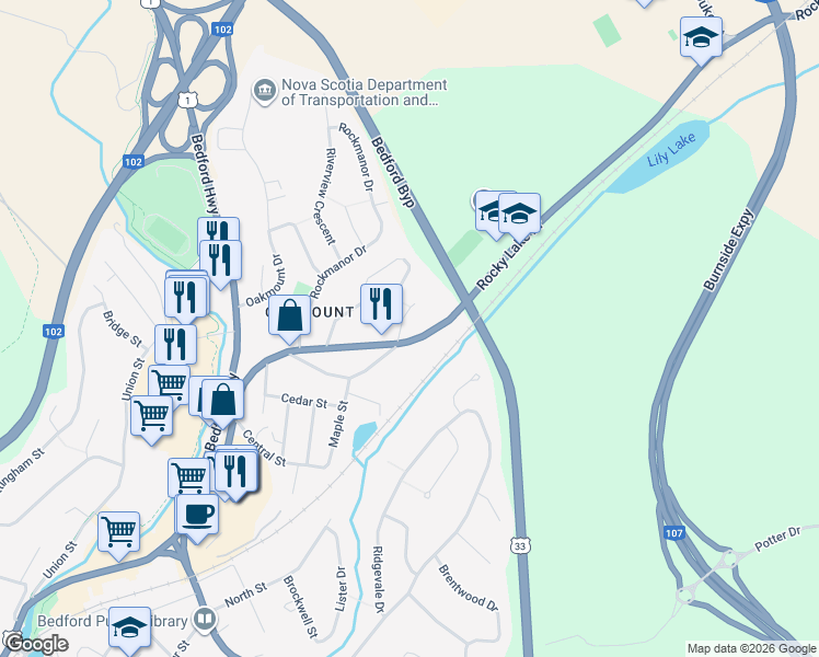 map of restaurants, bars, coffee shops, grocery stores, and more near 282 Rocky Lake Drive in Bedford