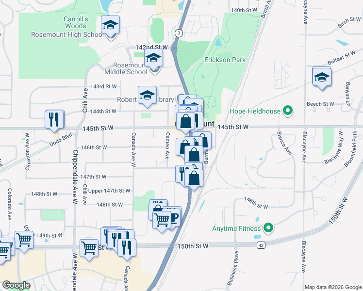 map of restaurants, bars, coffee shops, grocery stores, and more near 14589 South Robert Trail in Rosemount