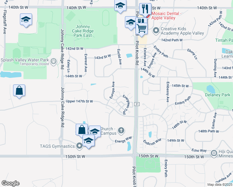 map of restaurants, bars, coffee shops, grocery stores, and more near 14659 Evergreen Trail in Apple Valley
