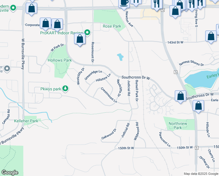 map of restaurants, bars, coffee shops, grocery stores, and more near 14705 Fieldcrest Lane in Burnsville