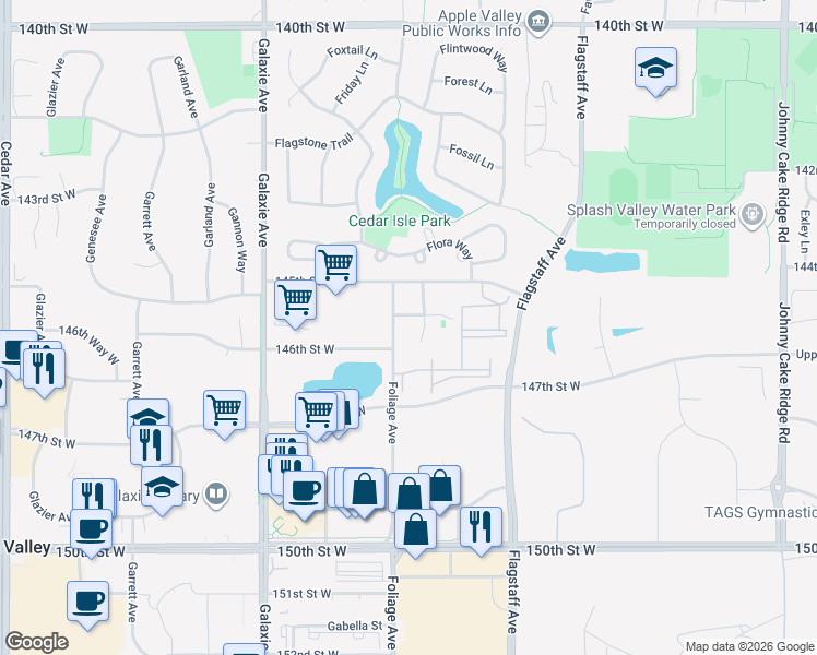 map of restaurants, bars, coffee shops, grocery stores, and more near 14567 Florissant Path in Apple Valley