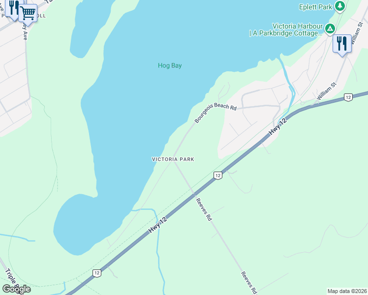 map of restaurants, bars, coffee shops, grocery stores, and more near 75 Bourgeois Beach Road in Port McNicoll
