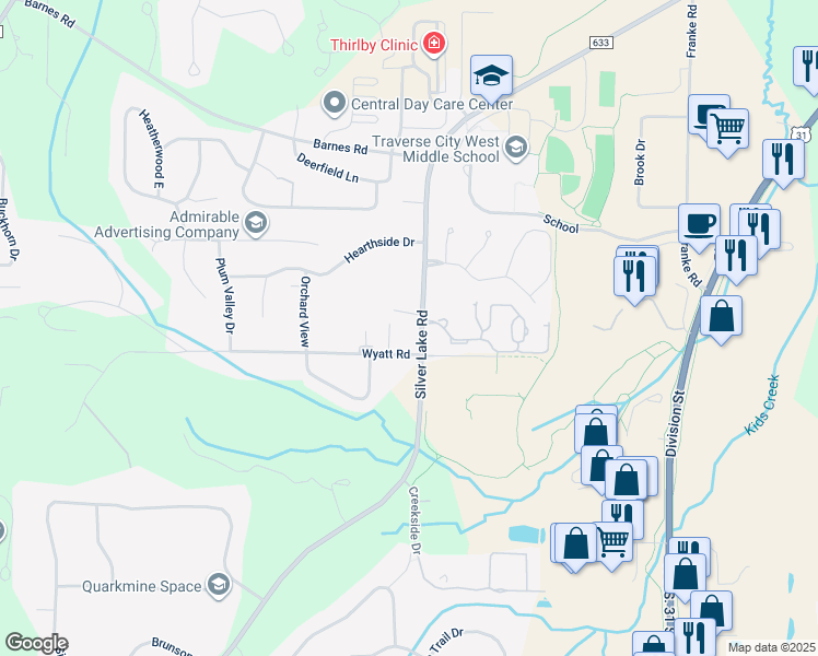 map of restaurants, bars, coffee shops, grocery stores, and more near Silver Lake Road in Traverse City
