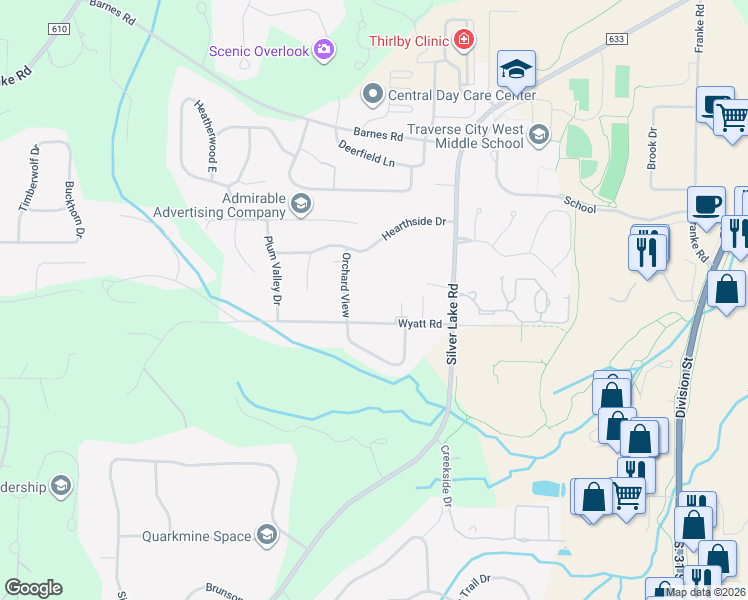 map of restaurants, bars, coffee shops, grocery stores, and more near 4172 Wyatt Road in Traverse City
