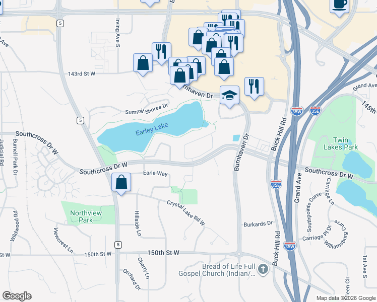 map of restaurants, bars, coffee shops, grocery stores, and more near 1042 Earley Lake Place in Burnsville