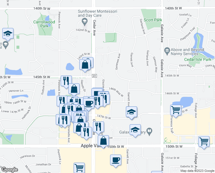 map of restaurants, bars, coffee shops, grocery stores, and more near 7391 146th Way West in Apple Valley