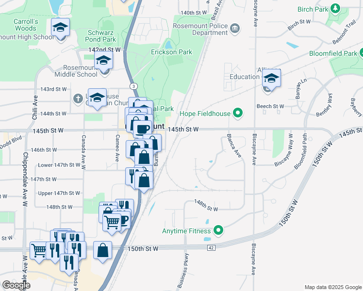 map of restaurants, bars, coffee shops, grocery stores, and more near 2820 145th Street West in Rosemount