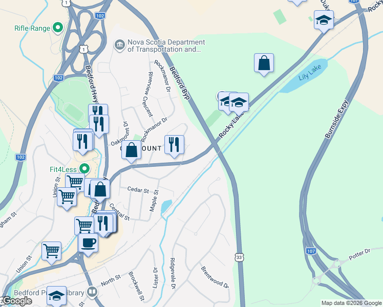 map of restaurants, bars, coffee shops, grocery stores, and more near 299 Bedford Bypass in Bedford