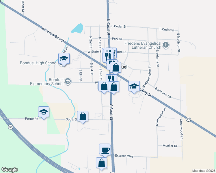 map of restaurants, bars, coffee shops, grocery stores, and more near 218-230 S Cecil St in Bonduel