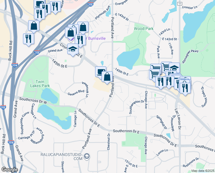 map of restaurants, bars, coffee shops, grocery stores, and more near in Burnsville