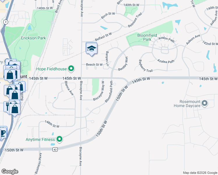 map of restaurants, bars, coffee shops, grocery stores, and more near 14535 Biscayne Way West in Rosemount