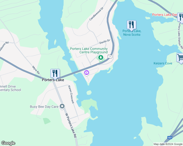 map of restaurants, bars, coffee shops, grocery stores, and more near 25 The Other Street in Porters Lake