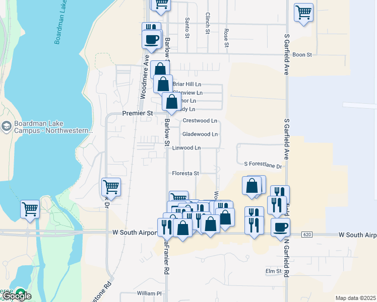 map of restaurants, bars, coffee shops, grocery stores, and more near 1631 Crescent Street in Traverse City
