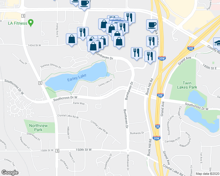 map of restaurants, bars, coffee shops, grocery stores, and more near 968 Earley Lake Curve in Burnsville