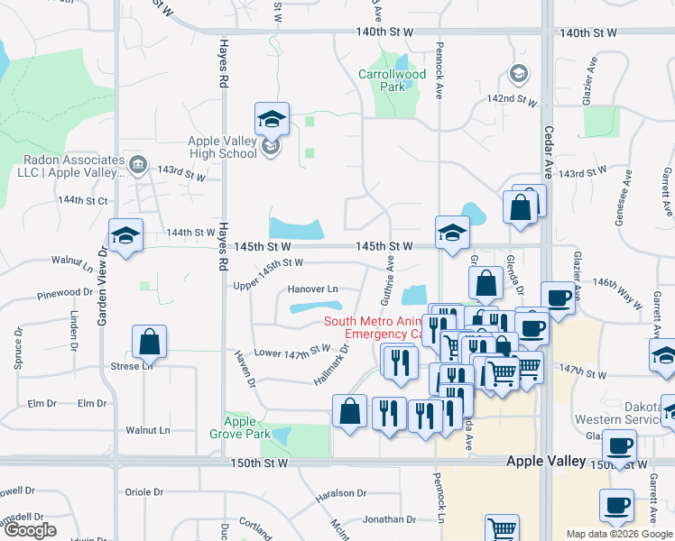 map of restaurants, bars, coffee shops, grocery stores, and more near 7995 Upper 145th Street West in Apple Valley