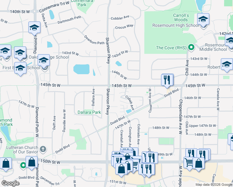 map of restaurants, bars, coffee shops, grocery stores, and more near 14530 Shannon Parkway in Rosemount