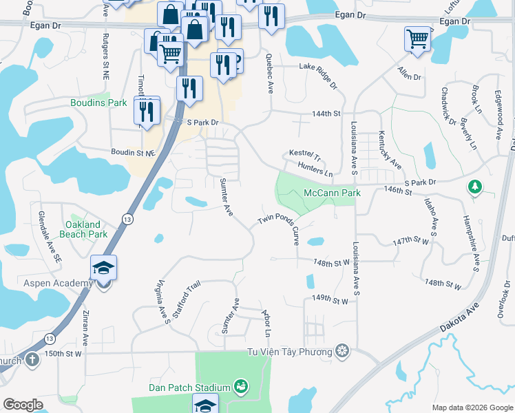 map of restaurants, bars, coffee shops, grocery stores, and more near 14655 Quebec Place in Savage
