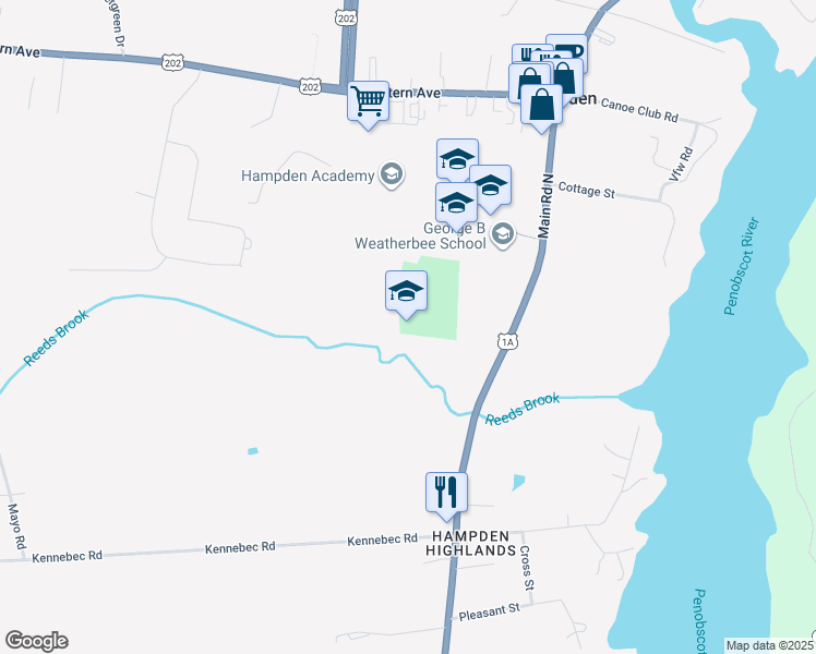 map of restaurants, bars, coffee shops, grocery stores, and more near 28 Main Road South in Hampden