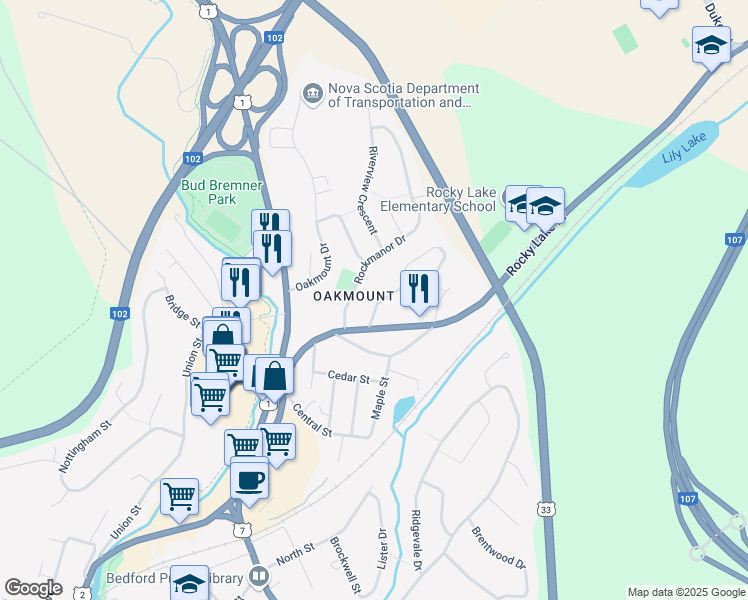 map of restaurants, bars, coffee shops, grocery stores, and more near 28 Duffus Drive in Bedford