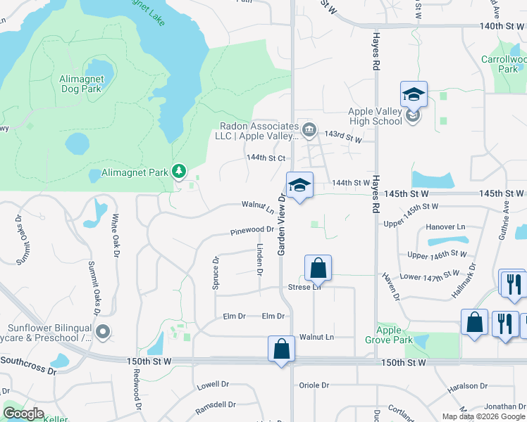 map of restaurants, bars, coffee shops, grocery stores, and more near 452 Walnut Lane in Apple Valley