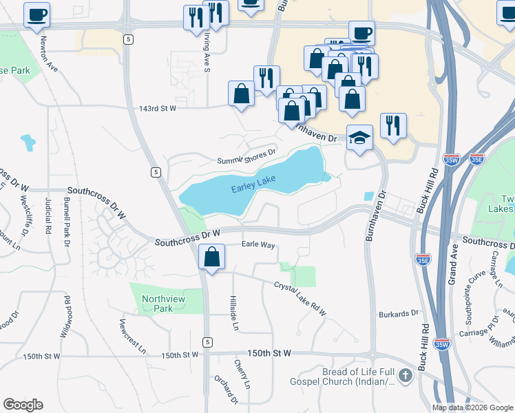 map of restaurants, bars, coffee shops, grocery stores, and more near 1212 Earley Shores Lane in Burnsville