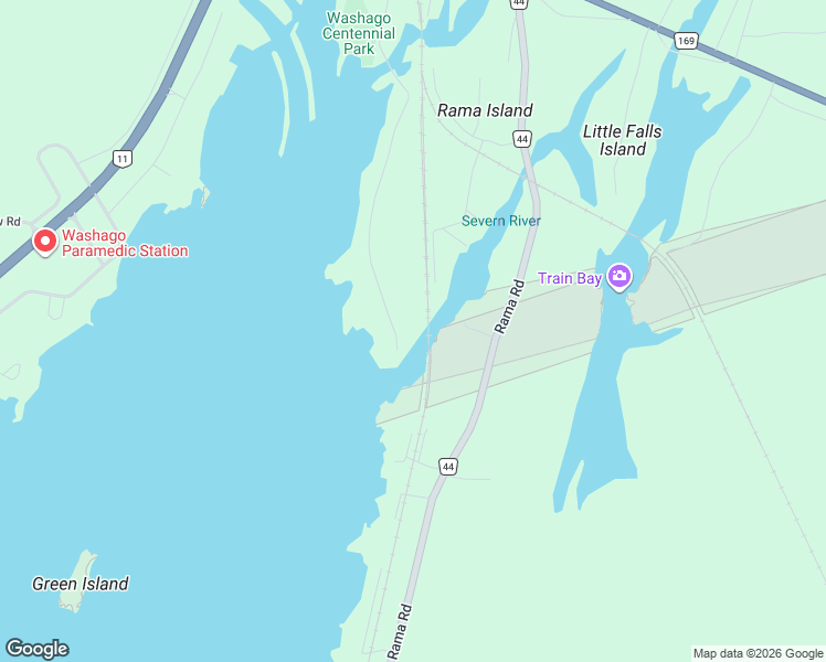 map of restaurants, bars, coffee shops, grocery stores, and more near 7595 Oak Point Road in Washago