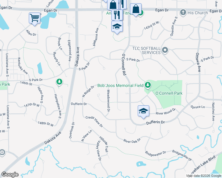 map of restaurants, bars, coffee shops, grocery stores, and more near 14609 Meadowood Drive in Savage