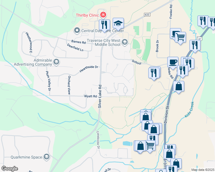 map of restaurants, bars, coffee shops, grocery stores, and more near 3850 Scenic Ridge in Traverse City