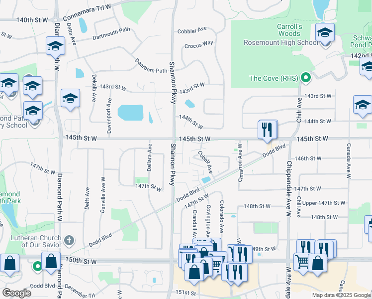 map of restaurants, bars, coffee shops, grocery stores, and more near 14530 Shannon Parkway in Rosemount