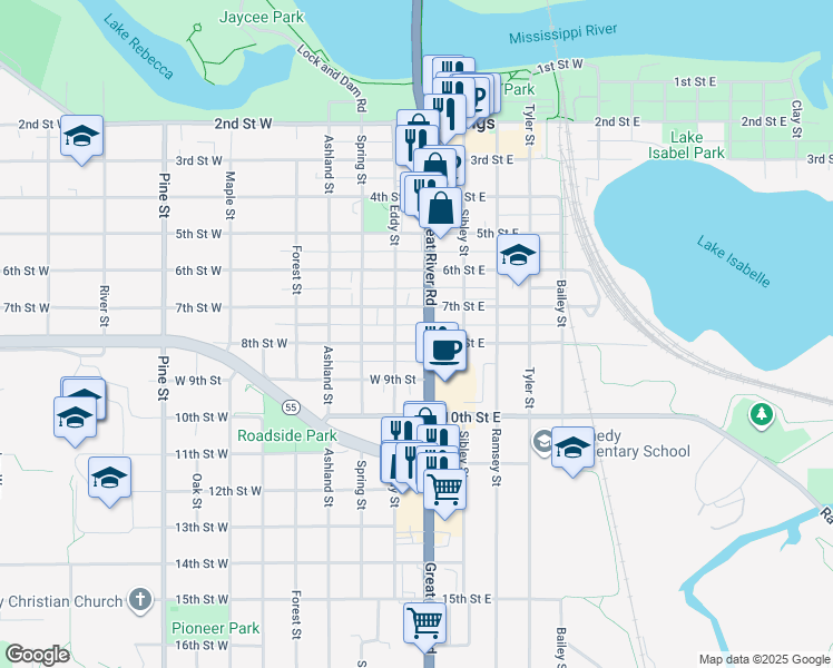 map of restaurants, bars, coffee shops, grocery stores, and more near 718 Vermillion Street in Hastings