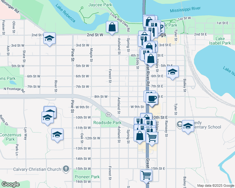 map of restaurants, bars, coffee shops, grocery stores, and more near 724 Ashland Street in Hastings