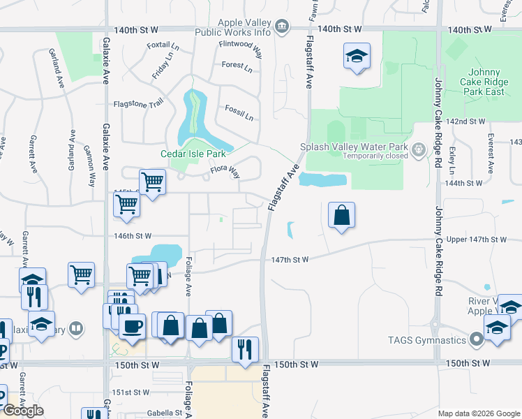 map of restaurants, bars, coffee shops, grocery stores, and more near 14650 Foliage Avenue in Apple Valley