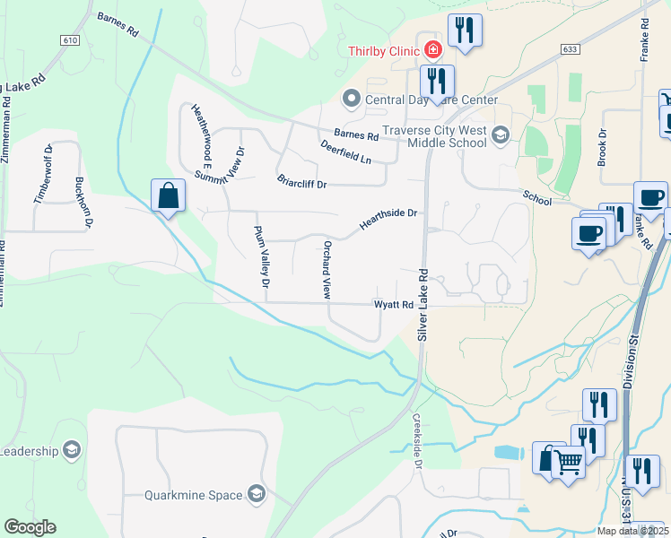 map of restaurants, bars, coffee shops, grocery stores, and more near 3624 Orchard View in Traverse City