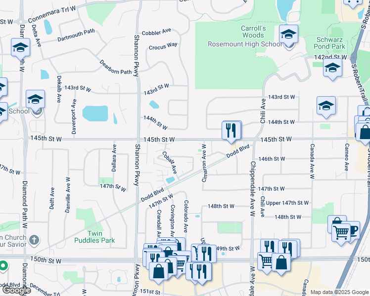 map of restaurants, bars, coffee shops, grocery stores, and more near 3812 145th Street West in Rosemount