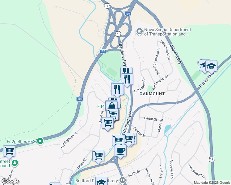 map of restaurants, bars, coffee shops, grocery stores, and more near 31 River Lane in Bedford