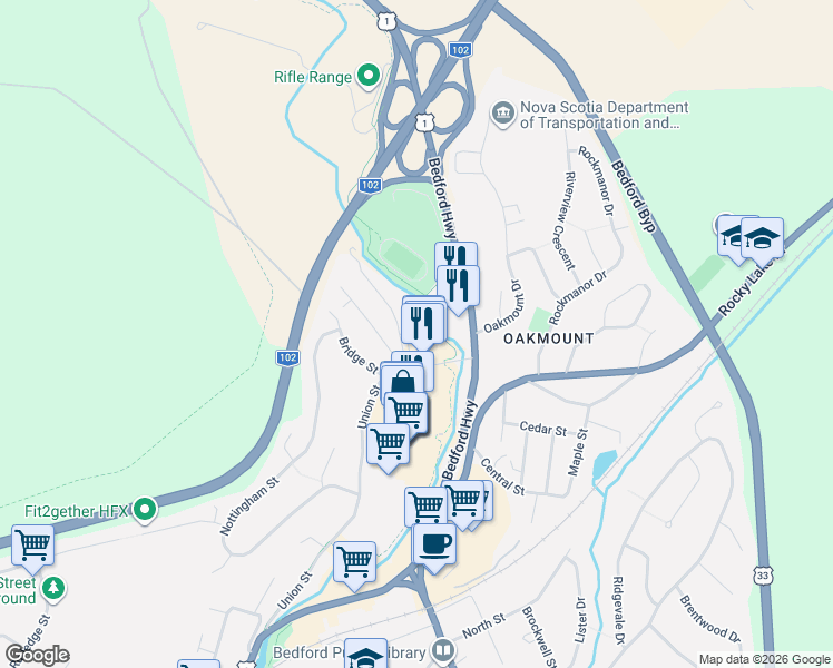 map of restaurants, bars, coffee shops, grocery stores, and more near 31 River Lane in Bedford
