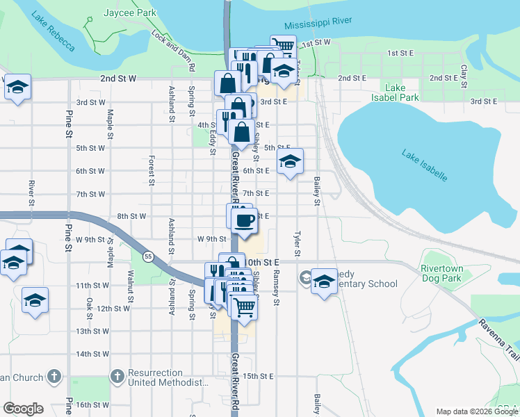 map of restaurants, bars, coffee shops, grocery stores, and more near 715 Sibley Street in Hastings
