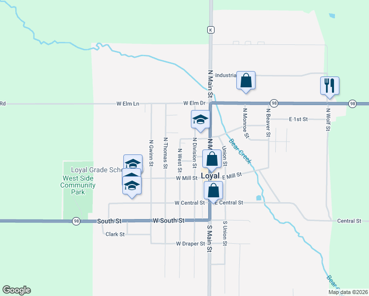 map of restaurants, bars, coffee shops, grocery stores, and more near 319 North Division Street in Loyal