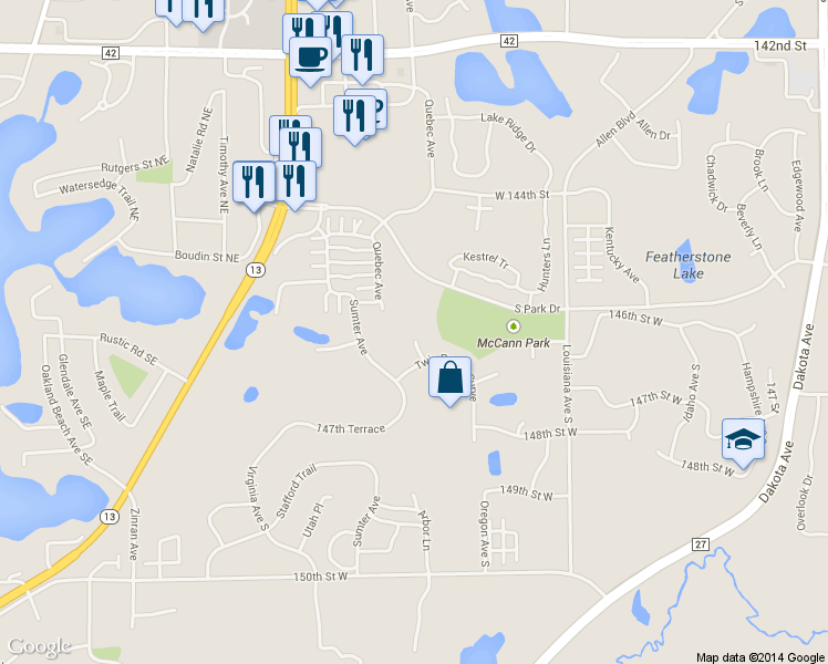 map of restaurants, bars, coffee shops, grocery stores, and more near 14655 Quebec Place in Savage
