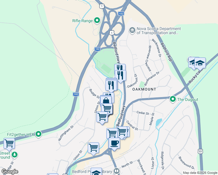 map of restaurants, bars, coffee shops, grocery stores, and more near 31 River Lane in Bedford