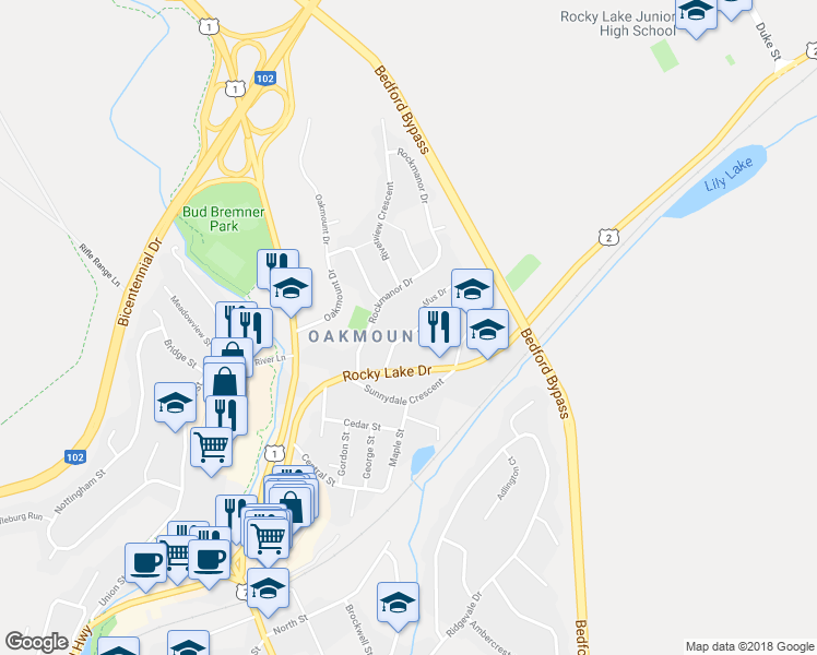map of restaurants, bars, coffee shops, grocery stores, and more near 50 Duffus Drive in Bedford