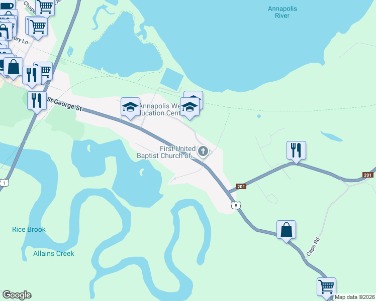 map of restaurants, bars, coffee shops, grocery stores, and more near 726 Saint George Street in Annapolis Royal