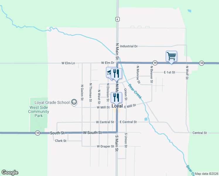 map of restaurants, bars, coffee shops, grocery stores, and more near 333 North Main Street in Loyal