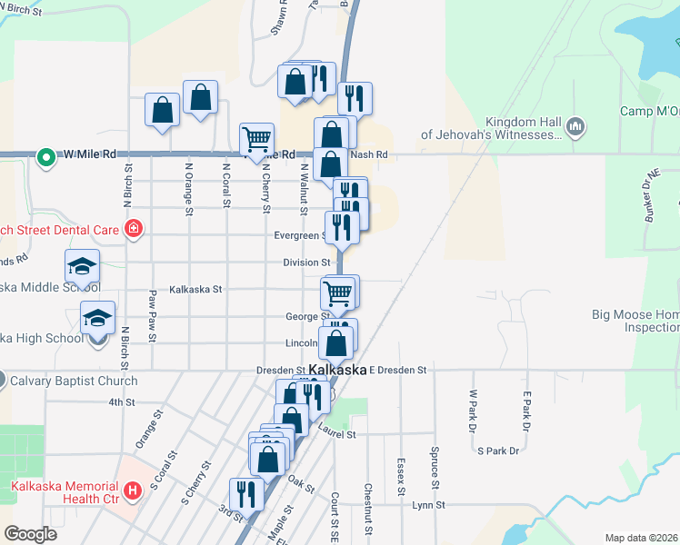map of restaurants, bars, coffee shops, grocery stores, and more near 411 North Cedar Street in Kalkaska